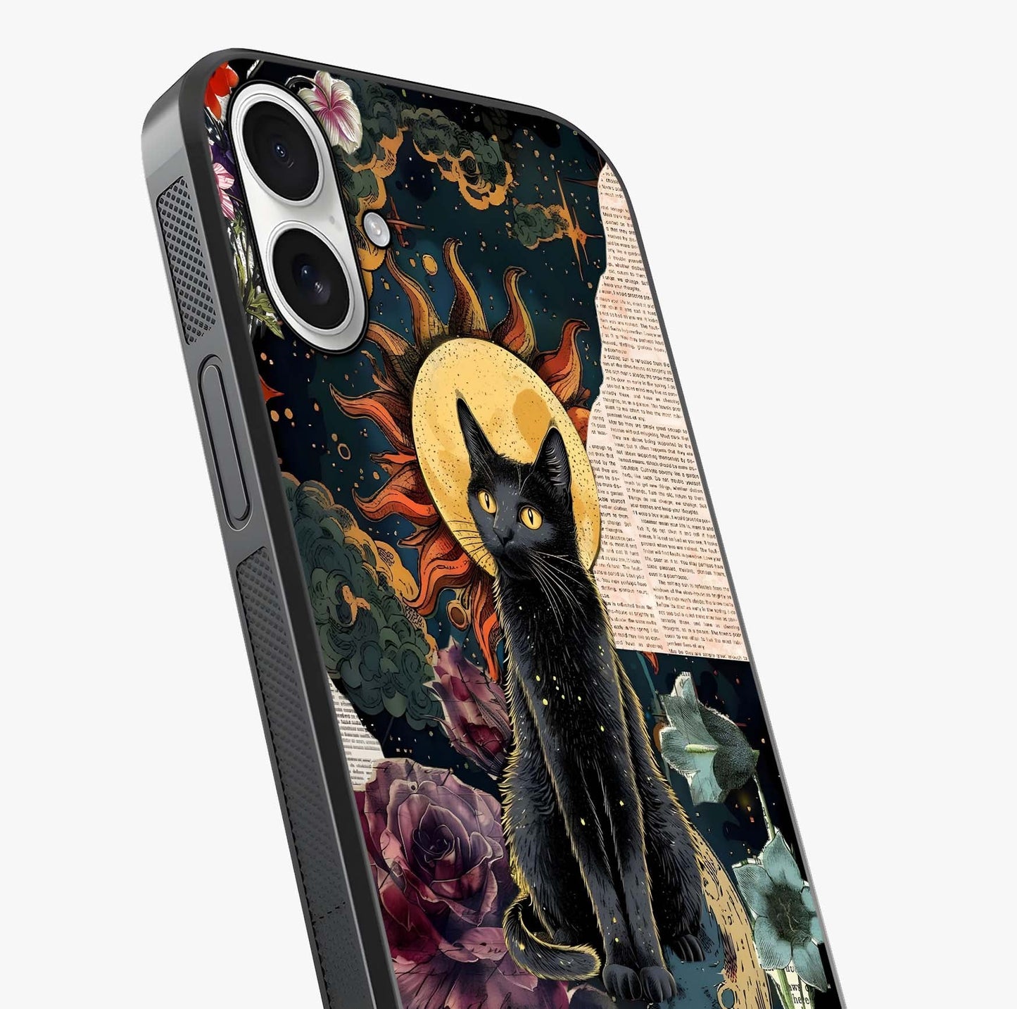 Celestial Black Cat Glass Case captured at a warm angle highlighting gloss, texture and premium glass finish.