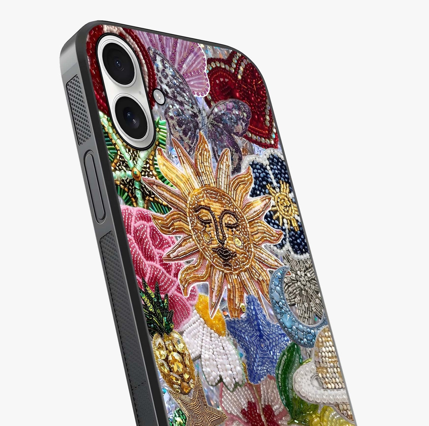 Celestial Floral And Playful Glass Case captured at a warm angle highlighting gloss, texture and premium glass finish.