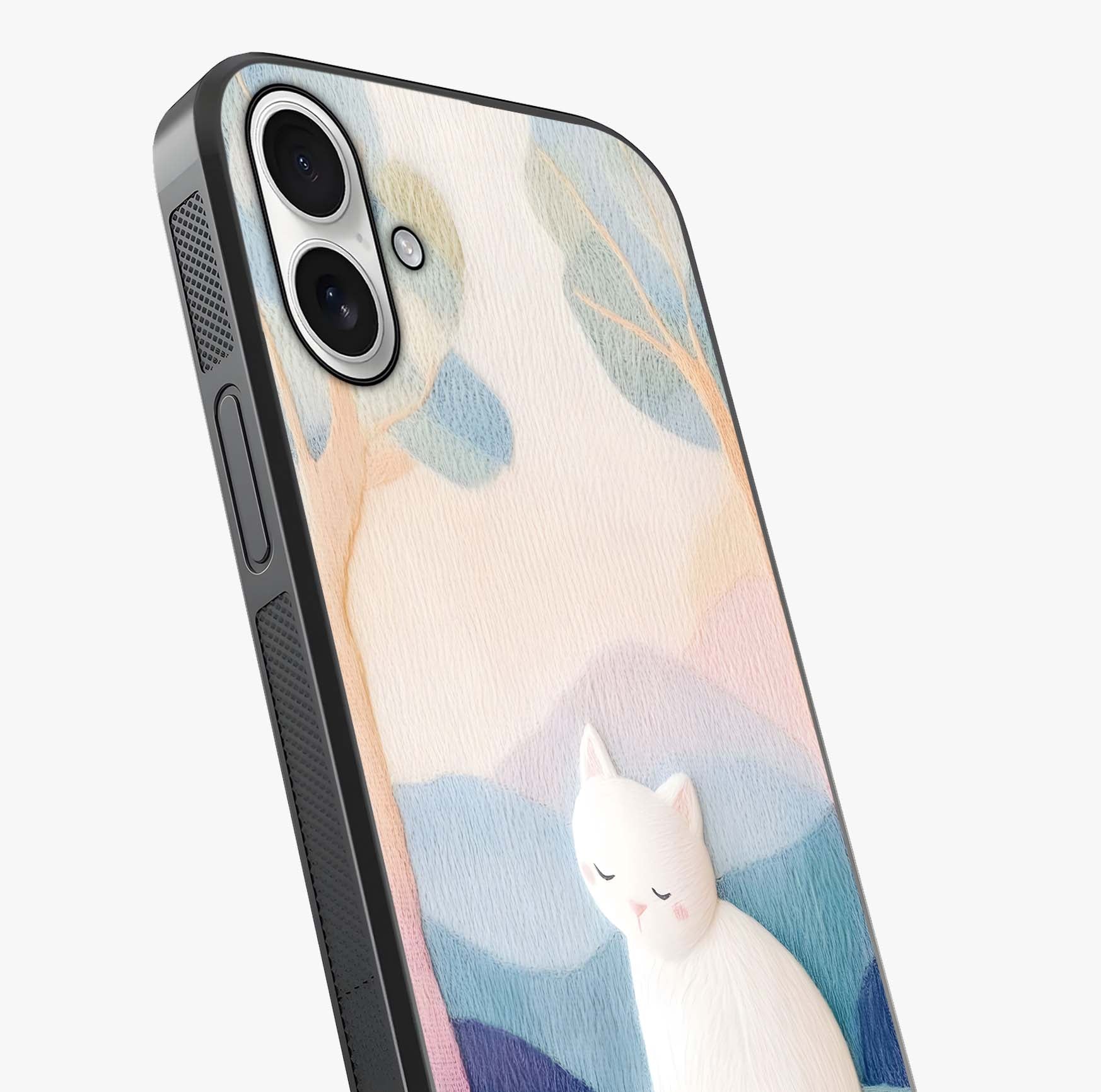 Cotton Dream Cat Glass Case captured at a warm angle highlighting gloss, texture and premium glass finish.