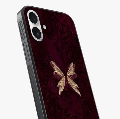 Crimson Fade Butterfly Glass Case captured at a warm angle highlighting gloss, texture and premium glass finish.