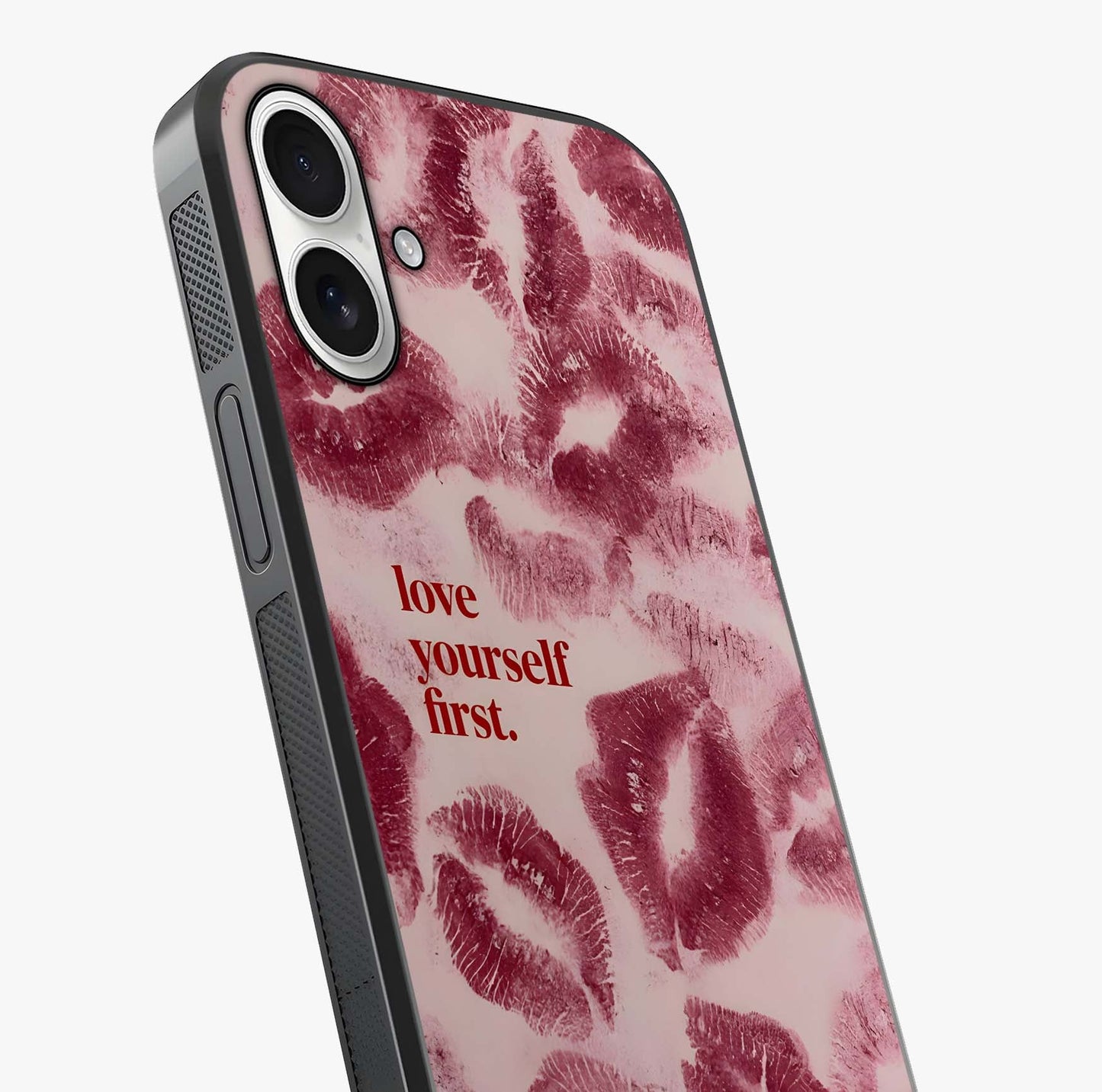 Crimson Kiss Love Glass Case captured at a warm angle highlighting gloss, texture and premium glass finish.
