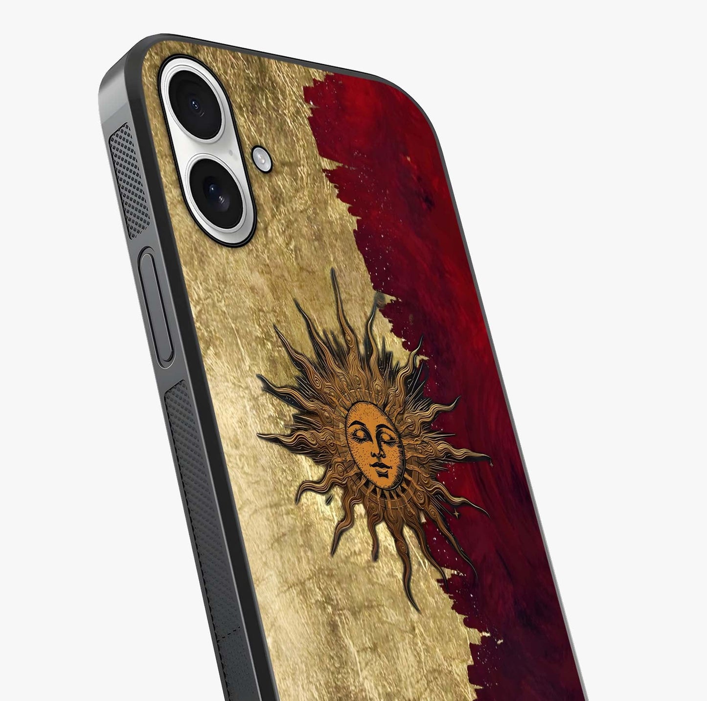 Crimson Sun Majesty Glass Case captured at a warm angle highlighting gloss, texture and premium glass finish.