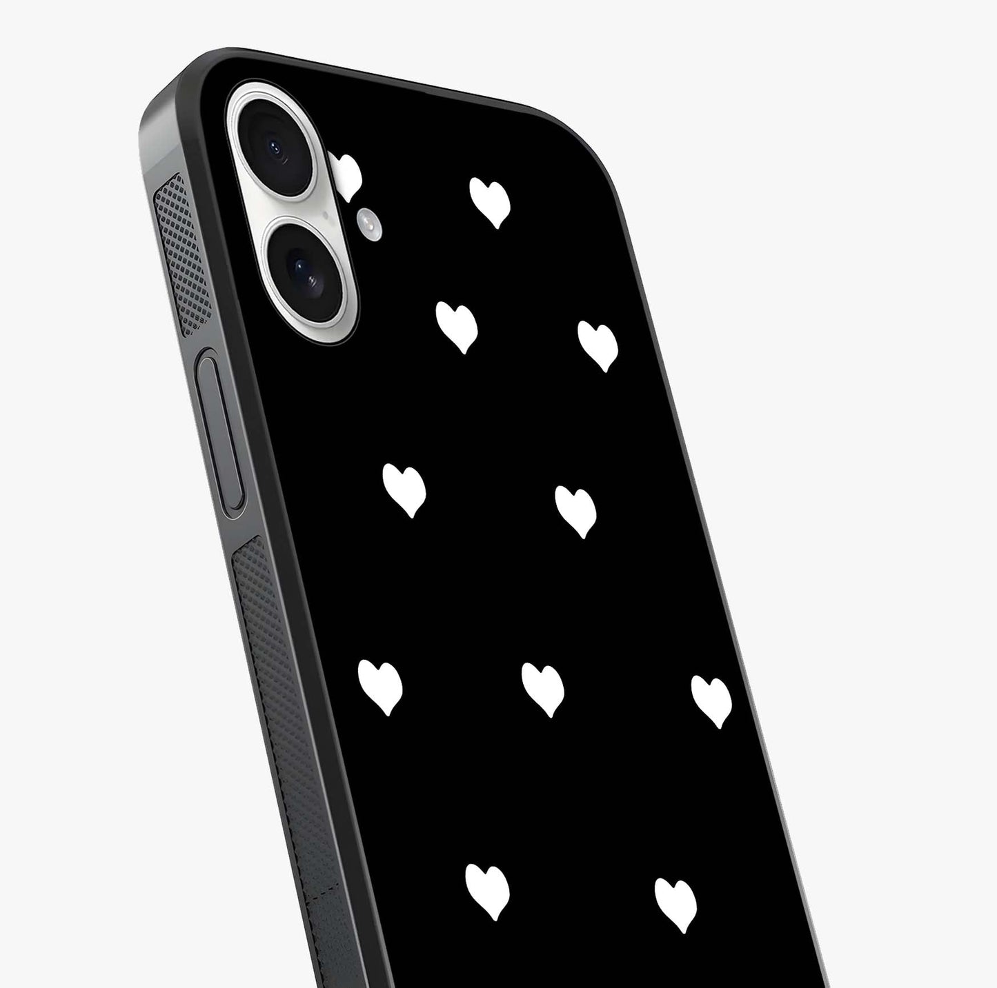 Cute And Simple White Hearts Glass Case captured at a warm angle highlighting gloss, texture and premium glass finish.