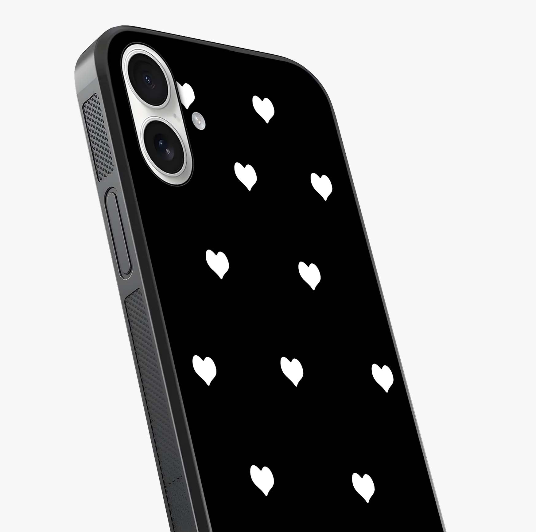 Cute And Simple White Hearts Glass Case captured at a warm angle highlighting gloss, texture and premium glass finish.