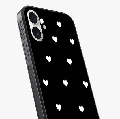 Cute And Simple White Hearts Glass Case captured at a warm angle highlighting gloss, texture and premium glass finish.