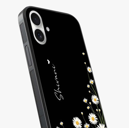 Daisy Cascade Custom Name Glass Case captured at a warm angle highlighting gloss, texture and premium glass finish.