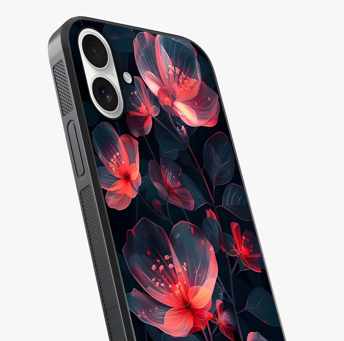 Dark Shade Of Flower Glass Case captured at a warm angle highlighting gloss, texture and premium glass finish.