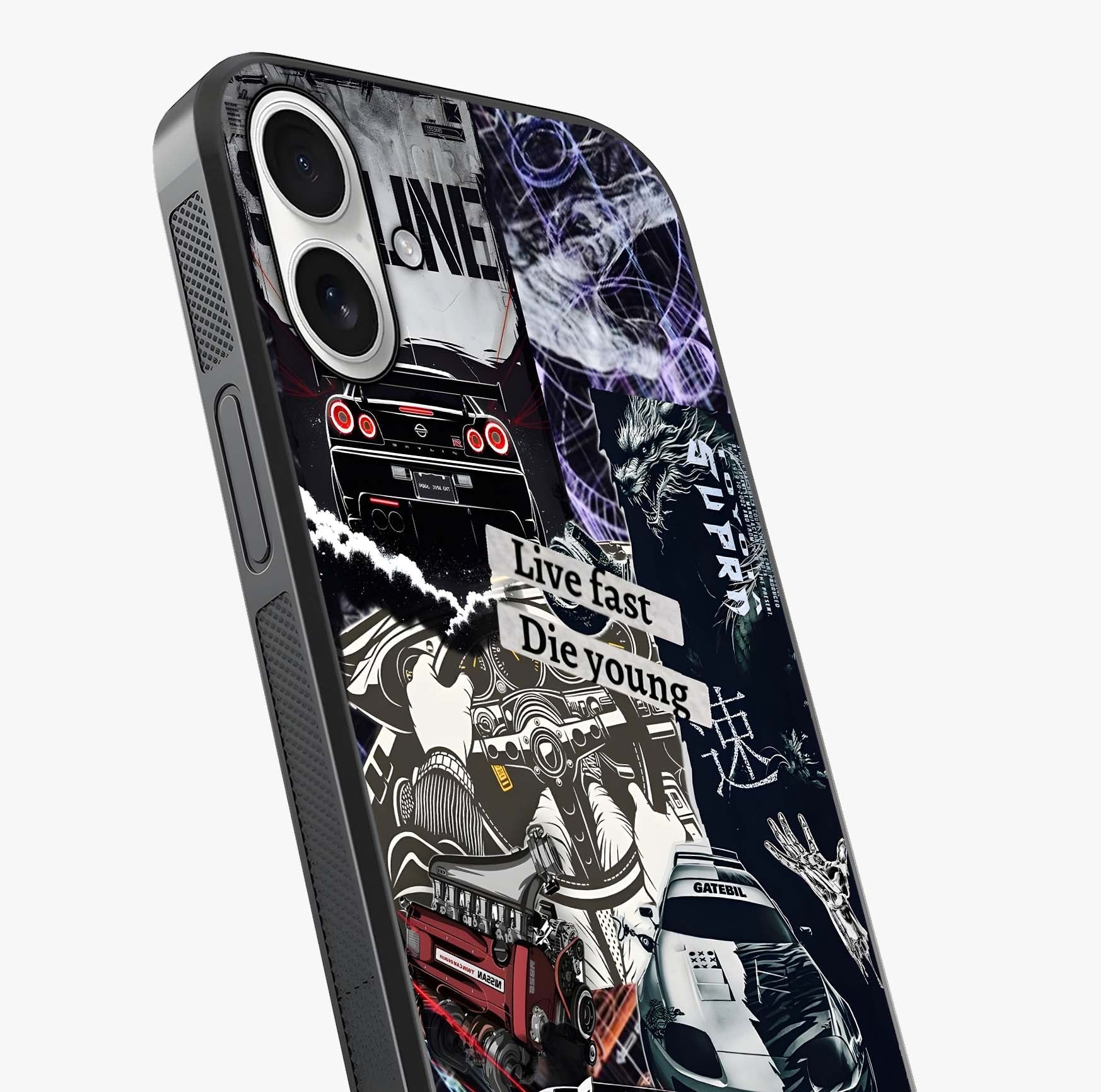 Die Young Glass Case captured at a warm angle highlighting gloss, texture and premium glass finish.