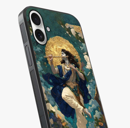 Divine Krishna Art Glass Case captured at a warm angle highlighting gloss, texture and premium glass finish.