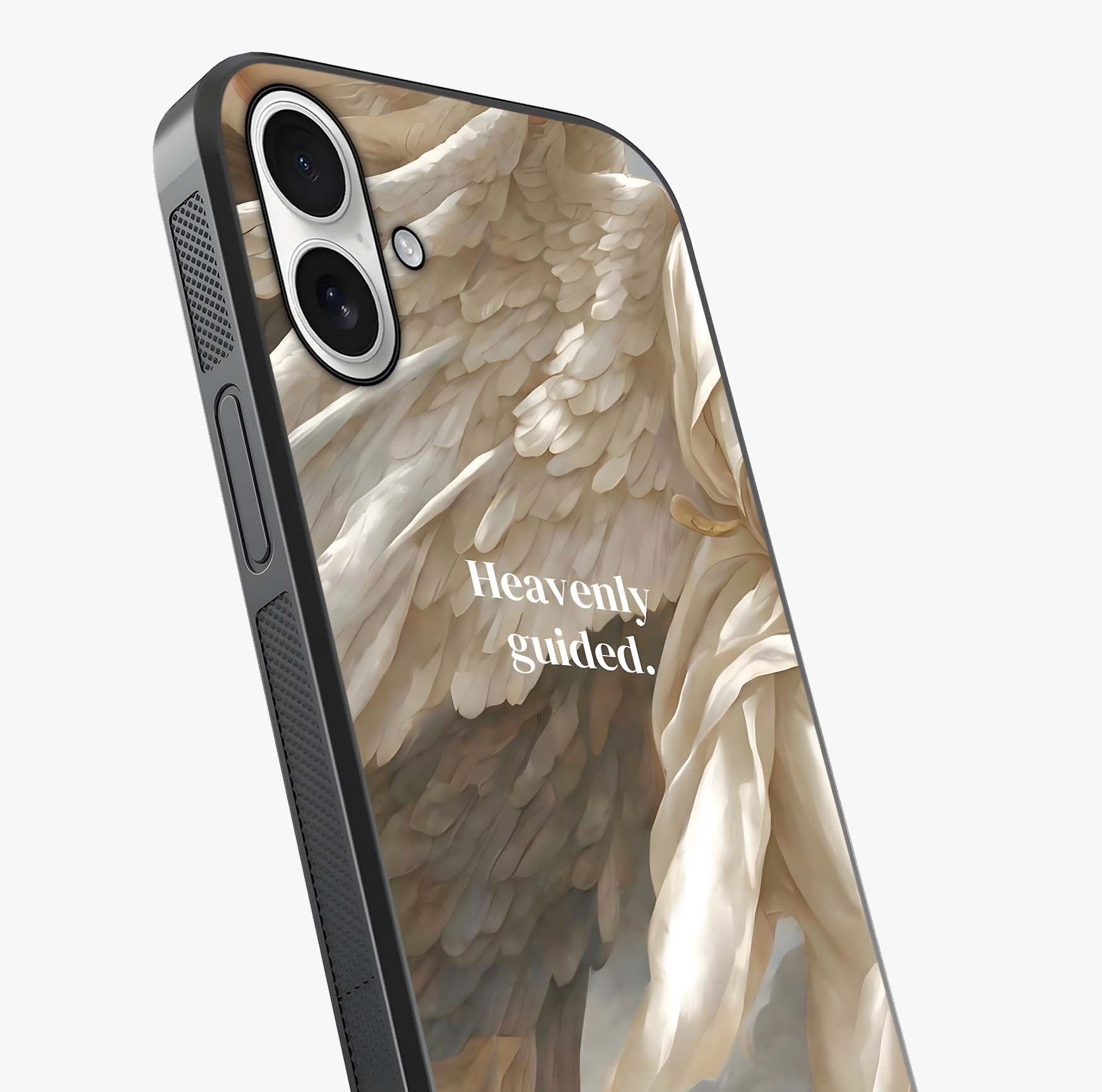 Divine Winged Grace Glass Case captured at a warm angle highlighting gloss, texture and premium glass finish.