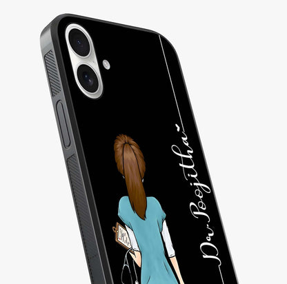 Doctor Pattern Custom Name Glass Case captured at a warm angle highlighting gloss, texture and premium glass finish.