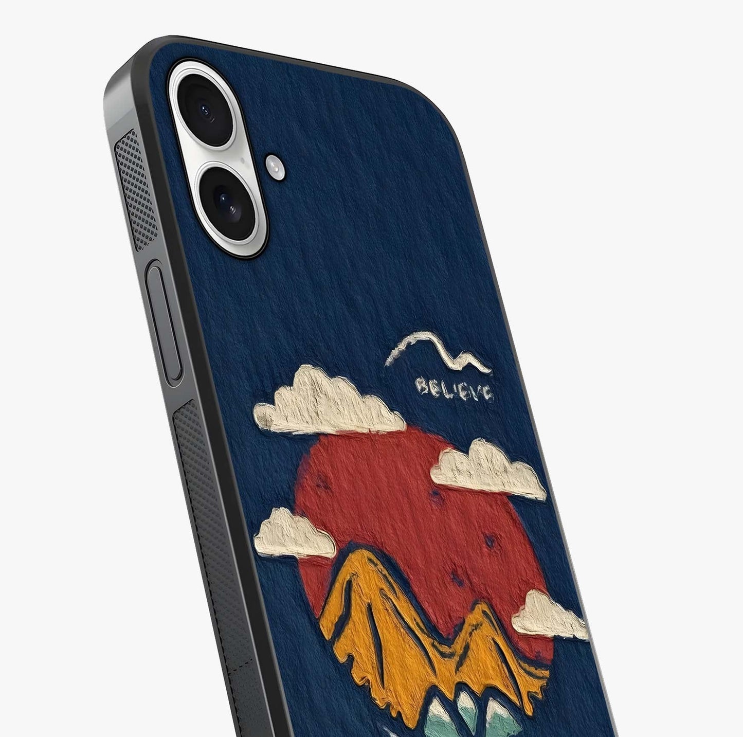 Dream Beyond Mountains Glass Case captured at a warm angle highlighting gloss, texture and premium glass finish.