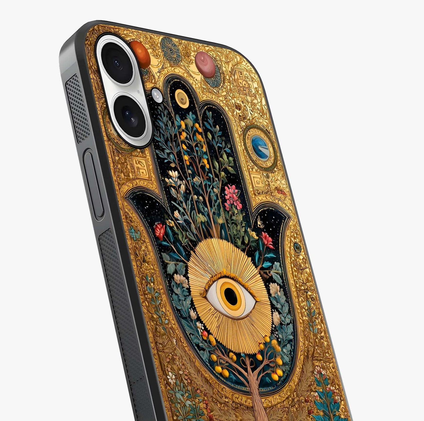 Ethereal Evil Eye Glass Case captured at a warm angle highlighting gloss, texture and premium glass finish.