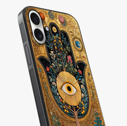 Ethereal Evil Eye Glass Case captured at a warm angle highlighting gloss, texture and premium glass finish.