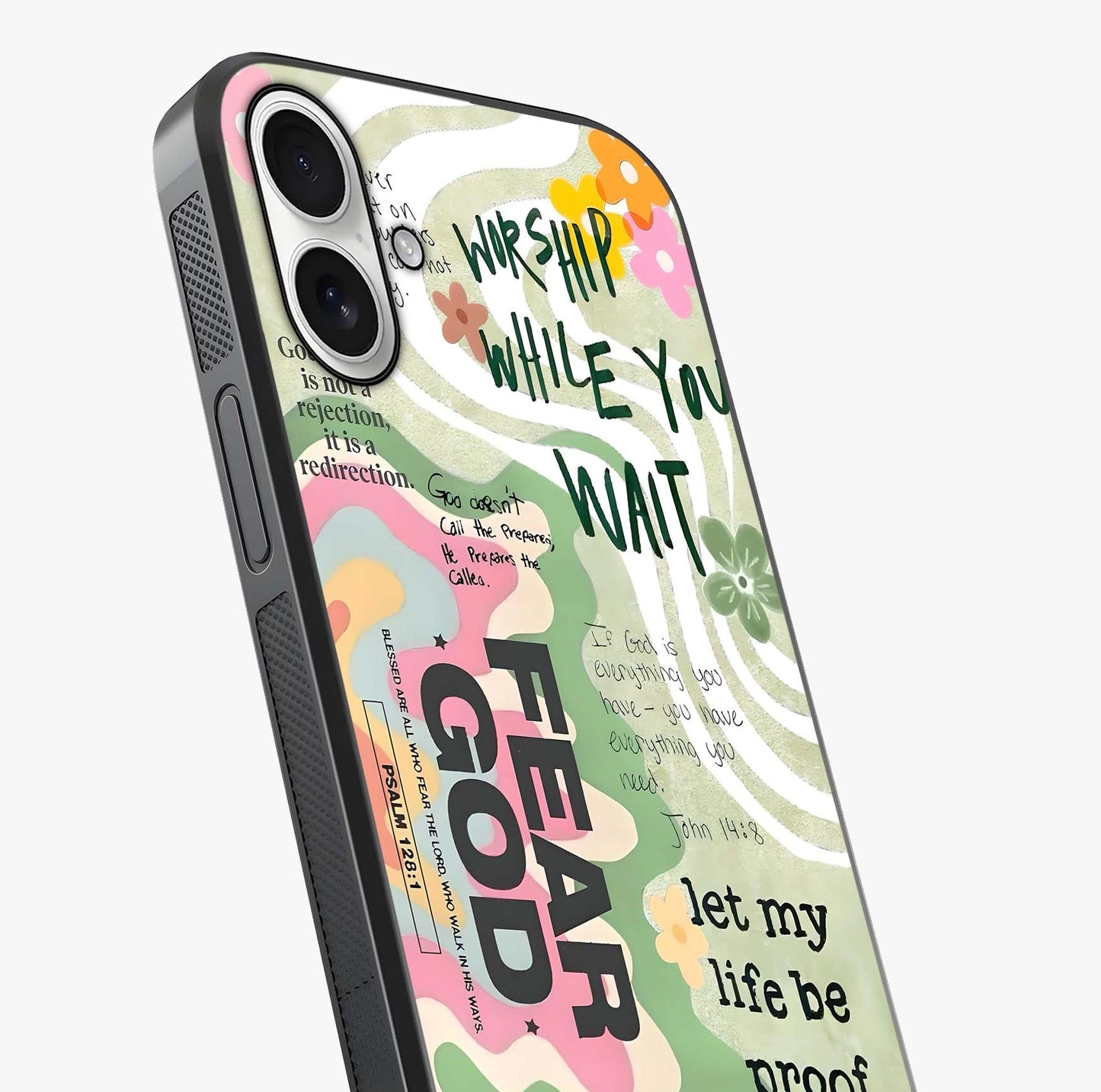 Faith Over Fear Glass Case captured at a warm angle highlighting gloss, texture and premium glass finish.