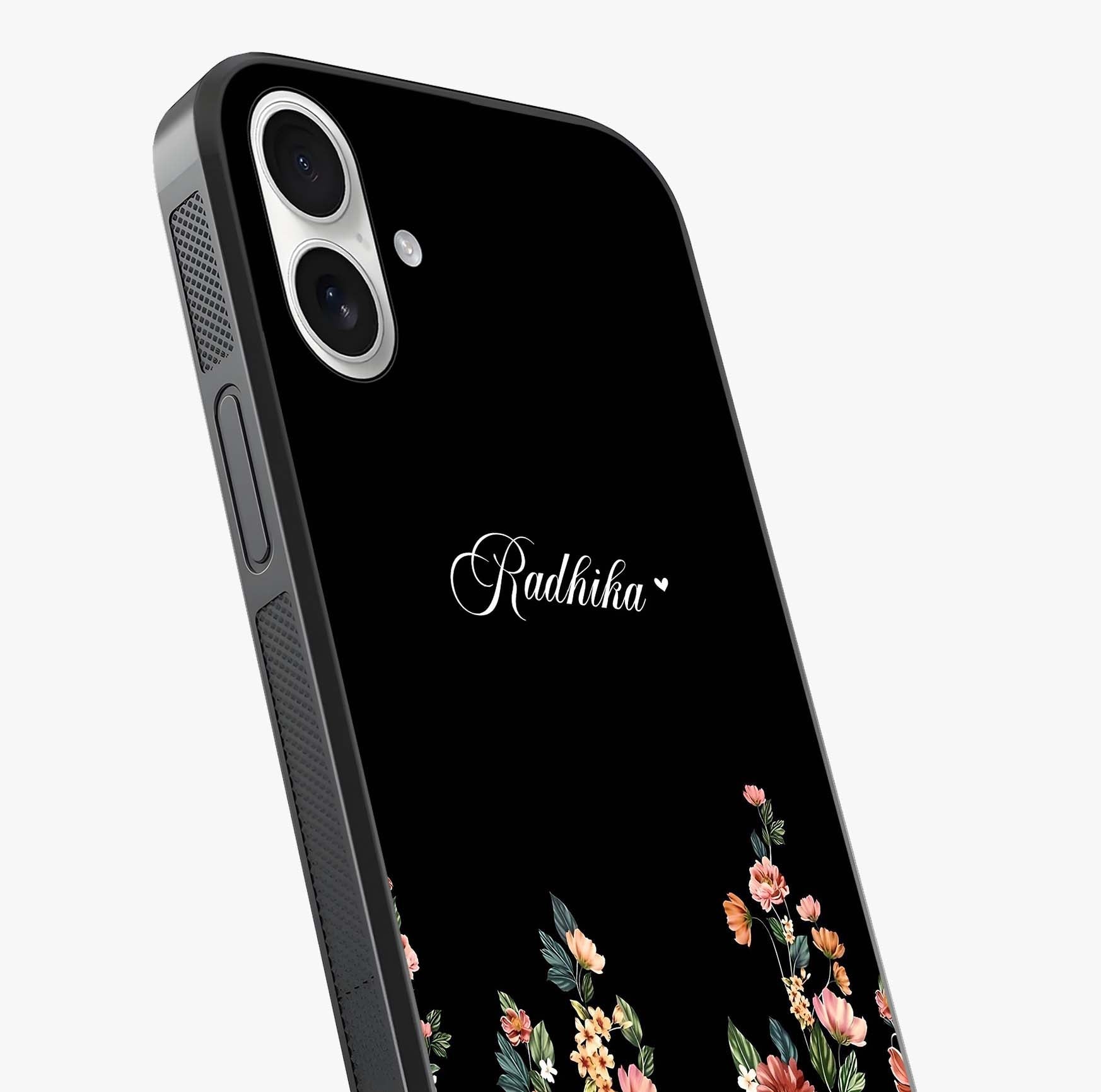 Floral Design With A Custom Personalized Name Glass Case captured at a warm angle highlighting gloss, texture and premium glass finish.