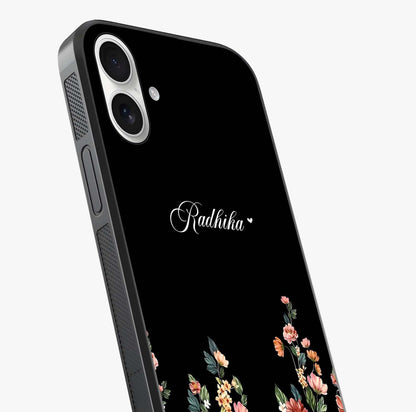 Floral Design With A Custom Personalized Name Glass Case captured at a warm angle highlighting gloss, texture and premium glass finish.