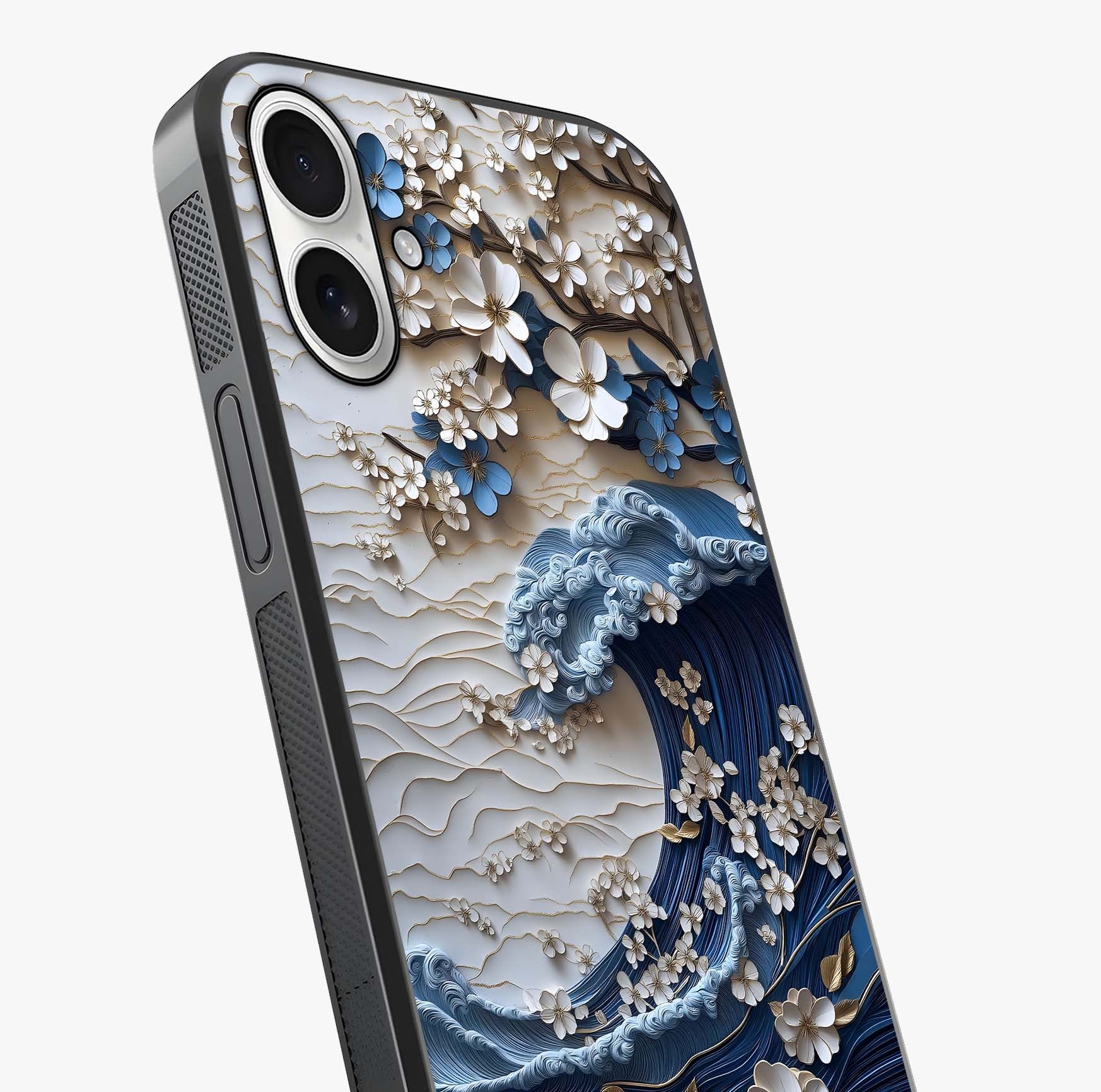 Floral Wave Origami Glass Case captured at a warm angle highlighting gloss, texture and premium glass finish.