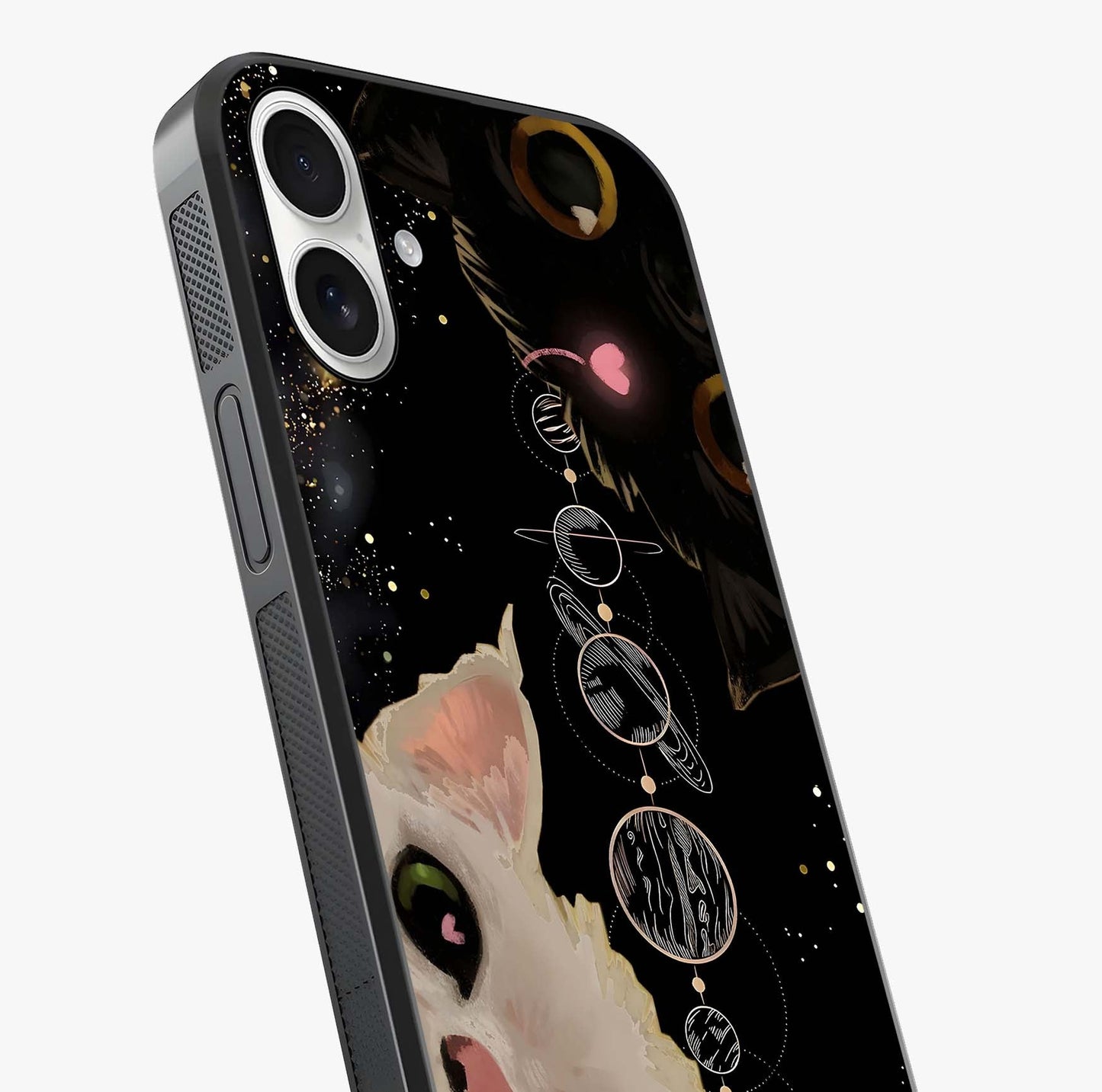 Galactic Cat Glass Case captured at a warm angle highlighting gloss, texture and premium glass finish.