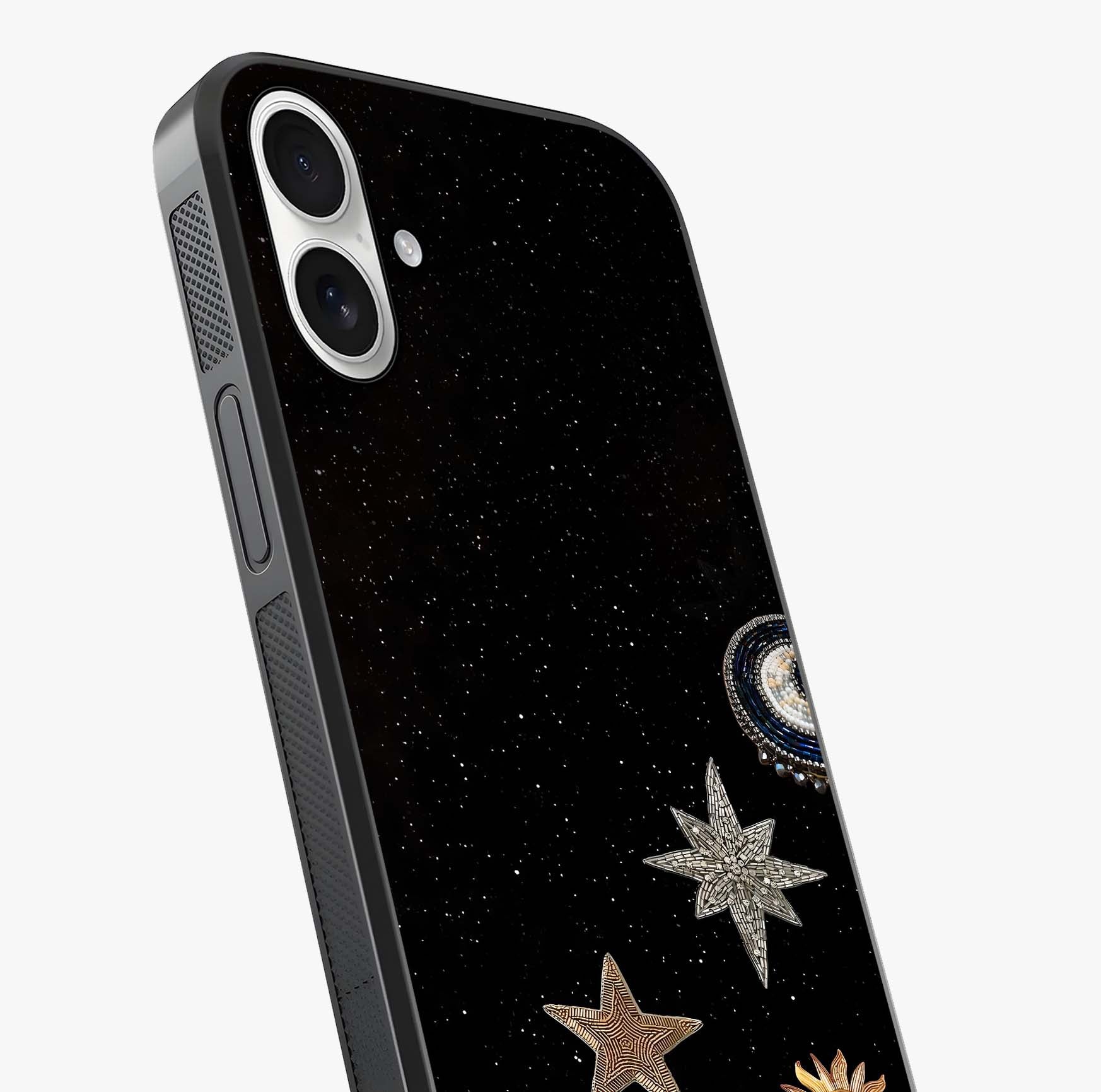Galactic Charm Glow Glass Case captured at a warm angle highlighting gloss, texture and premium glass finish.