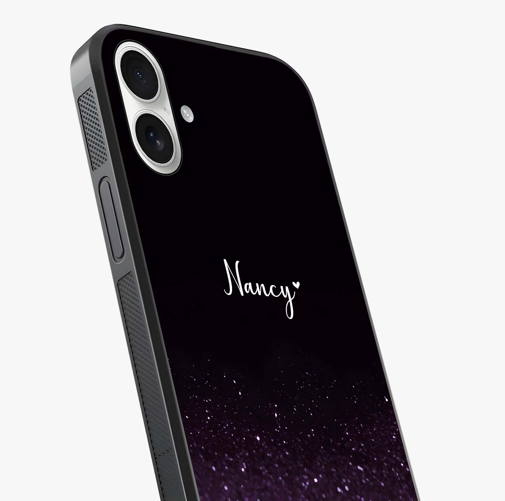 Glittery Purple Bokeh Custom Name Glass Case captured at a warm angle highlighting gloss, texture and premium glass finish.