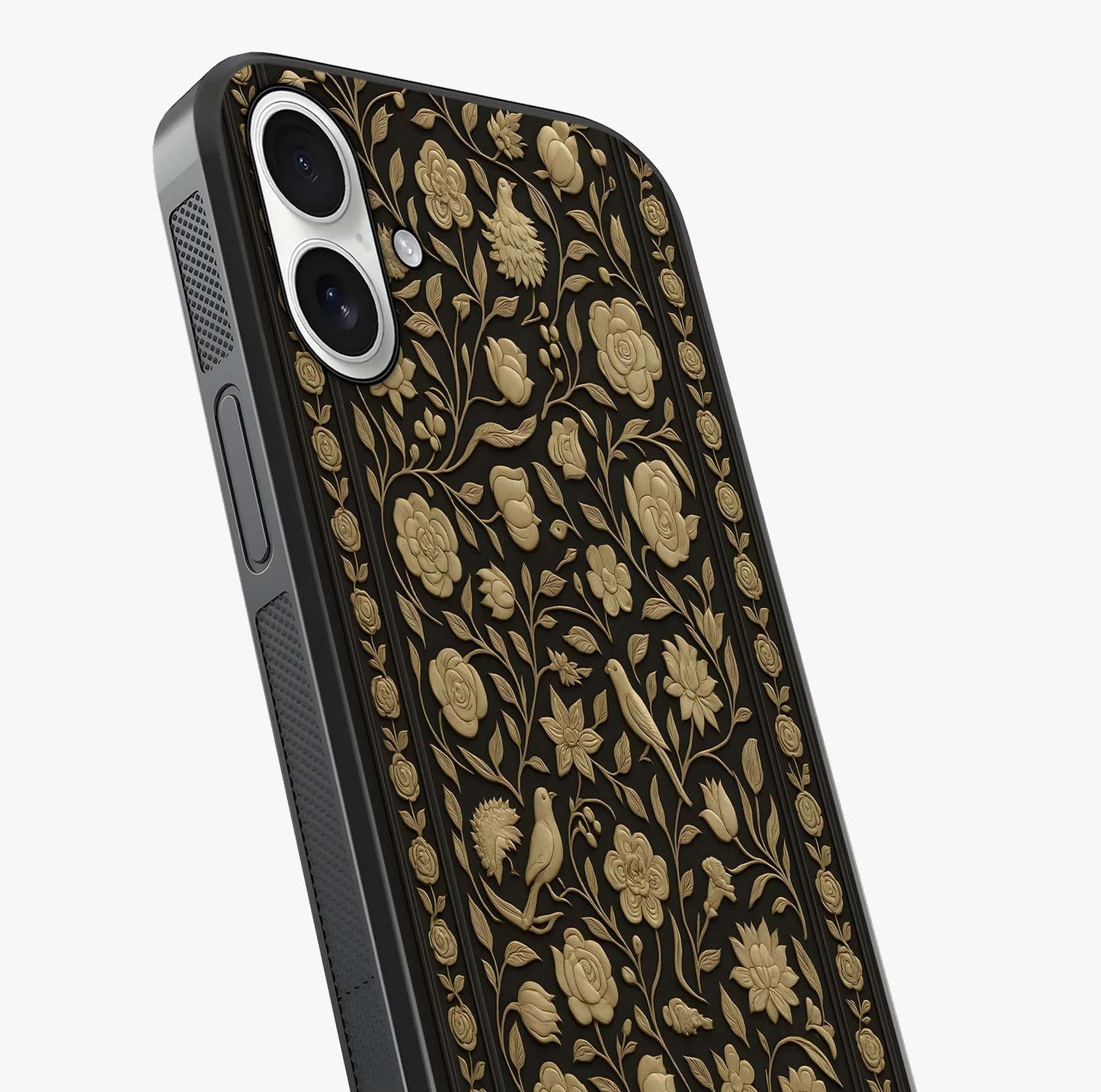 Golden Evil Eye Mandala Glass Case captured at a warm angle highlighting gloss, texture and premium glass finish.