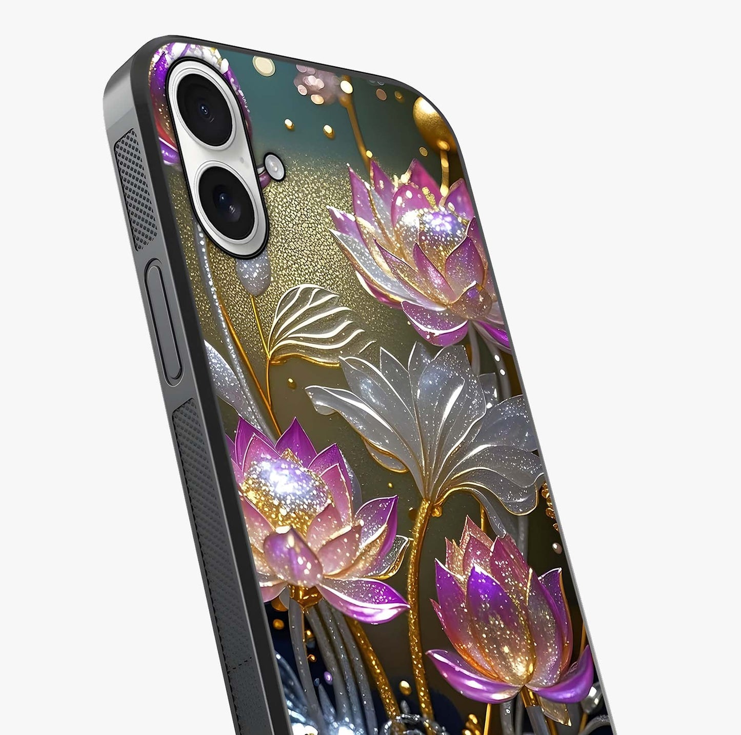 Golden Floral Majesty Glass Case captured at a warm angle highlighting gloss, texture and premium glass finish.
