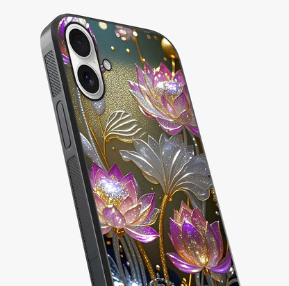 Golden Floral Majesty Glass Case captured at a warm angle highlighting gloss, texture and premium glass finish.