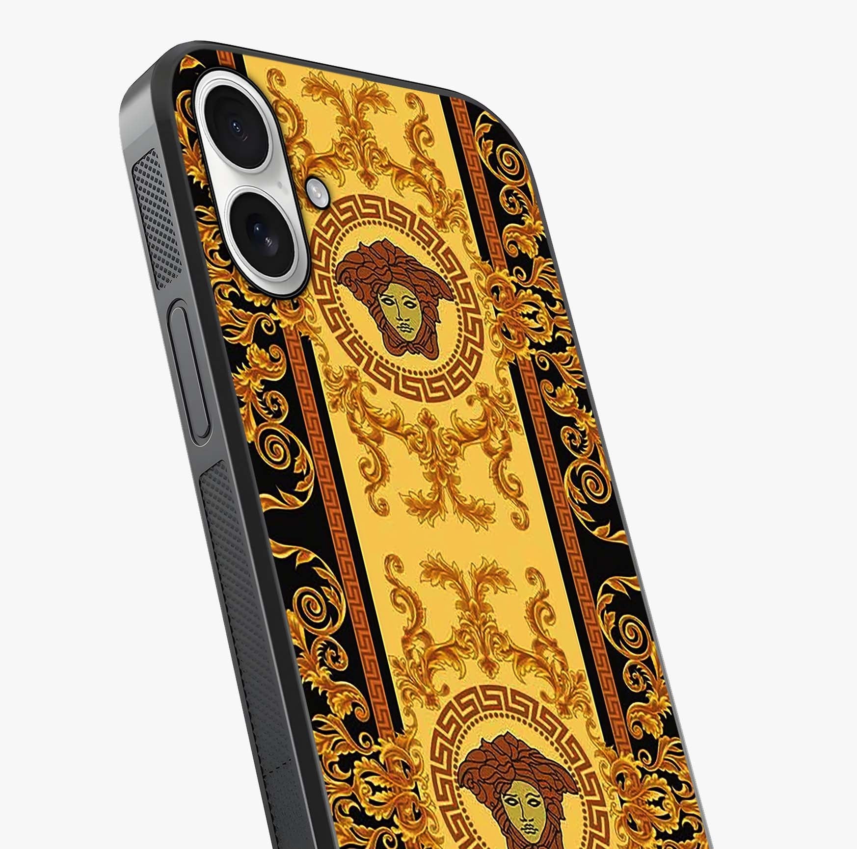 Golden Lotus Glow Glass Case captured at a warm angle highlighting gloss, texture and premium glass finish.