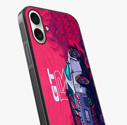 GT R Car Pattern Glass Case captured at a warm angle highlighting gloss, texture and premium glass finish.