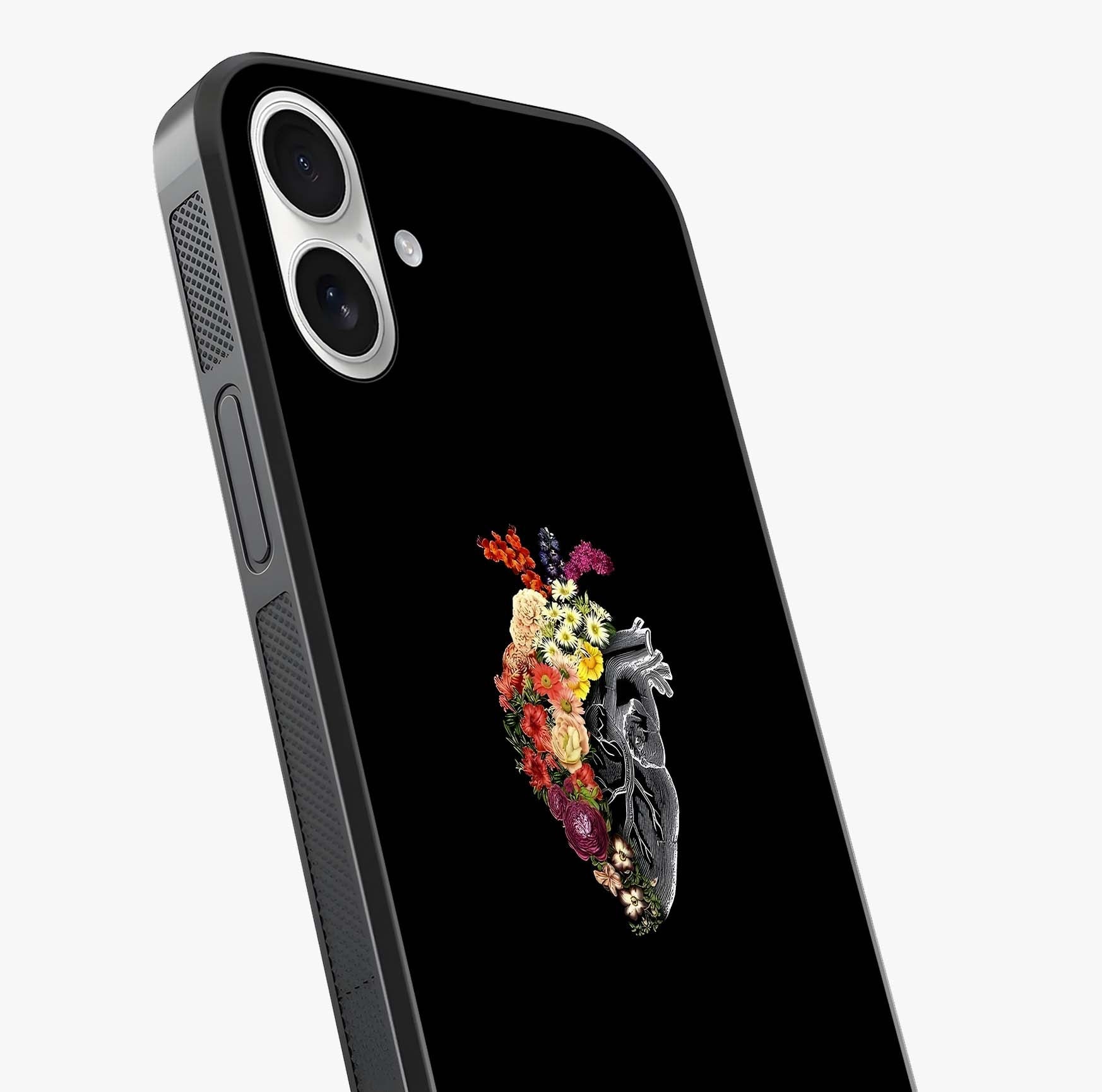 Heart With Flowers Glass Case captured at a warm angle highlighting gloss, texture and premium glass finish.