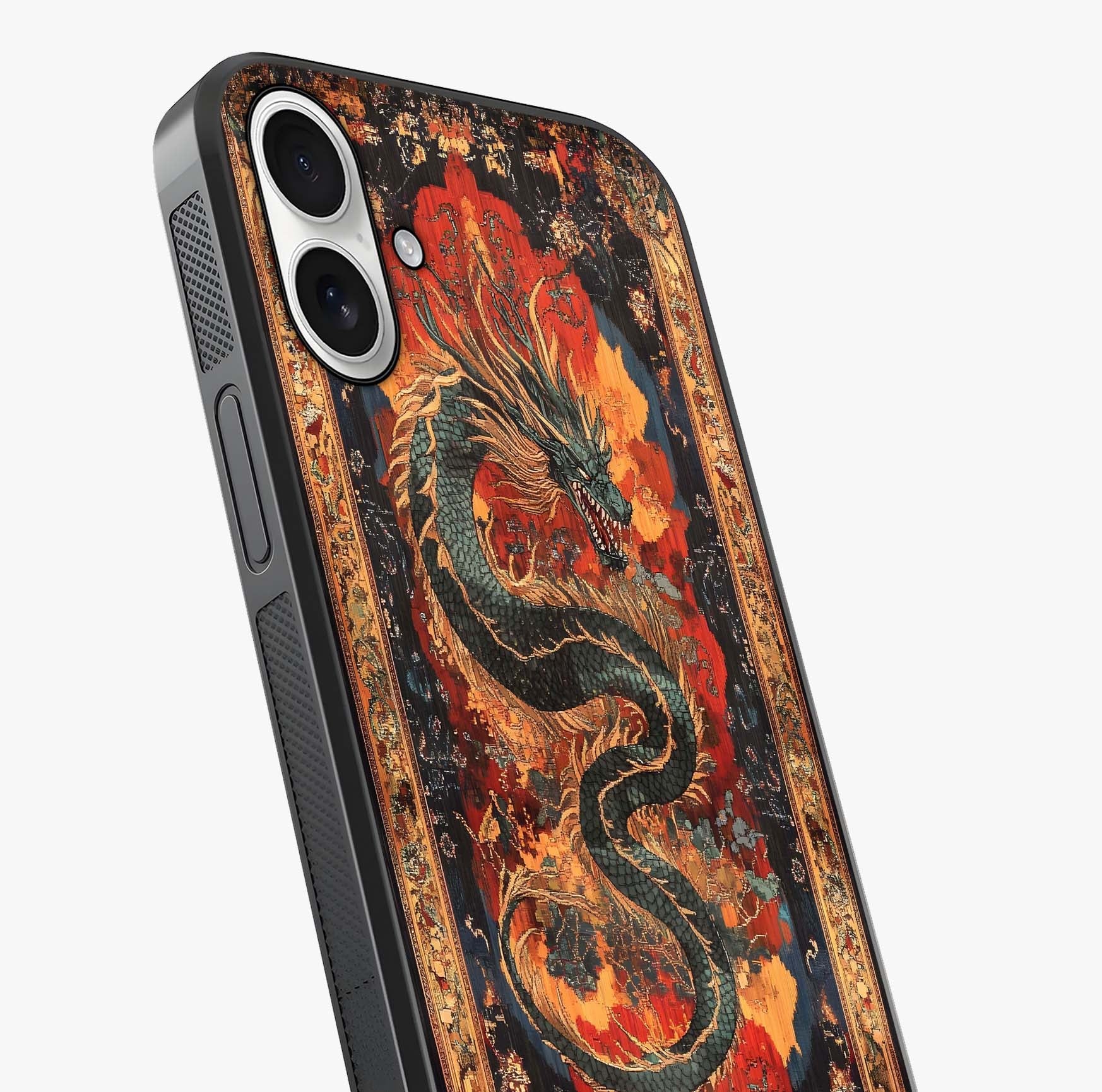 Inferno Dragon Soul Glass Case captured at a warm angle highlighting gloss, texture and premium glass finish.