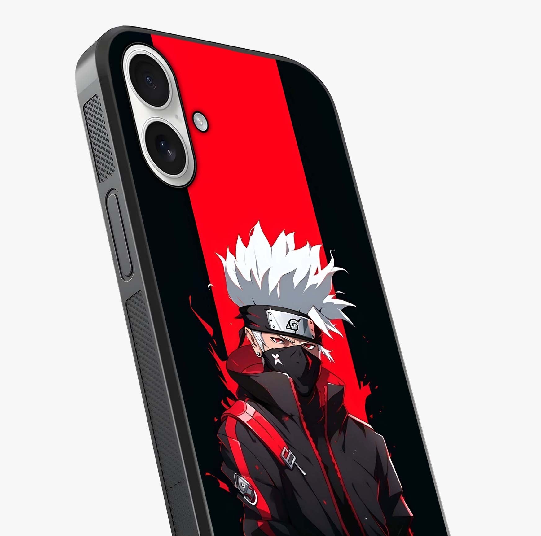 Kakashi Scarlet Shadow Glass Case captured at a warm angle highlighting gloss, texture and premium glass finish.