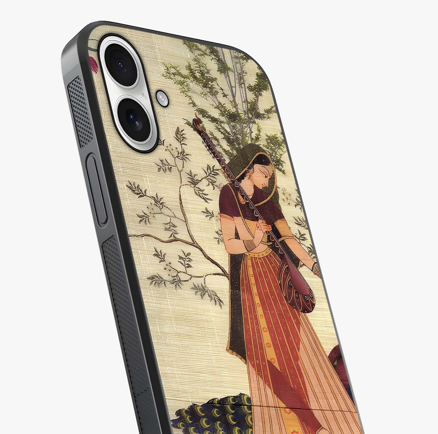Lady With Veena Art Glass Case captured at a warm angle highlighting gloss, texture and premium glass finish.