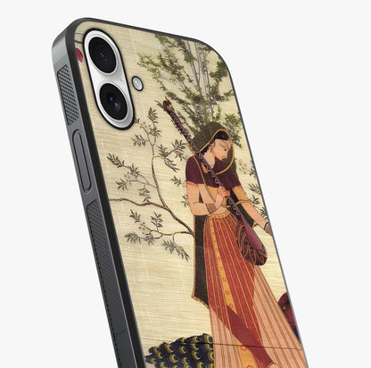 Lady With Veena Art Glass Case captured at a warm angle highlighting gloss, texture and premium glass finish.