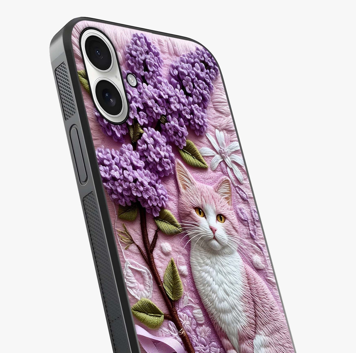 Lavender Cat Whimsy Glass Case captured at a warm angle highlighting gloss, texture and premium glass finish.