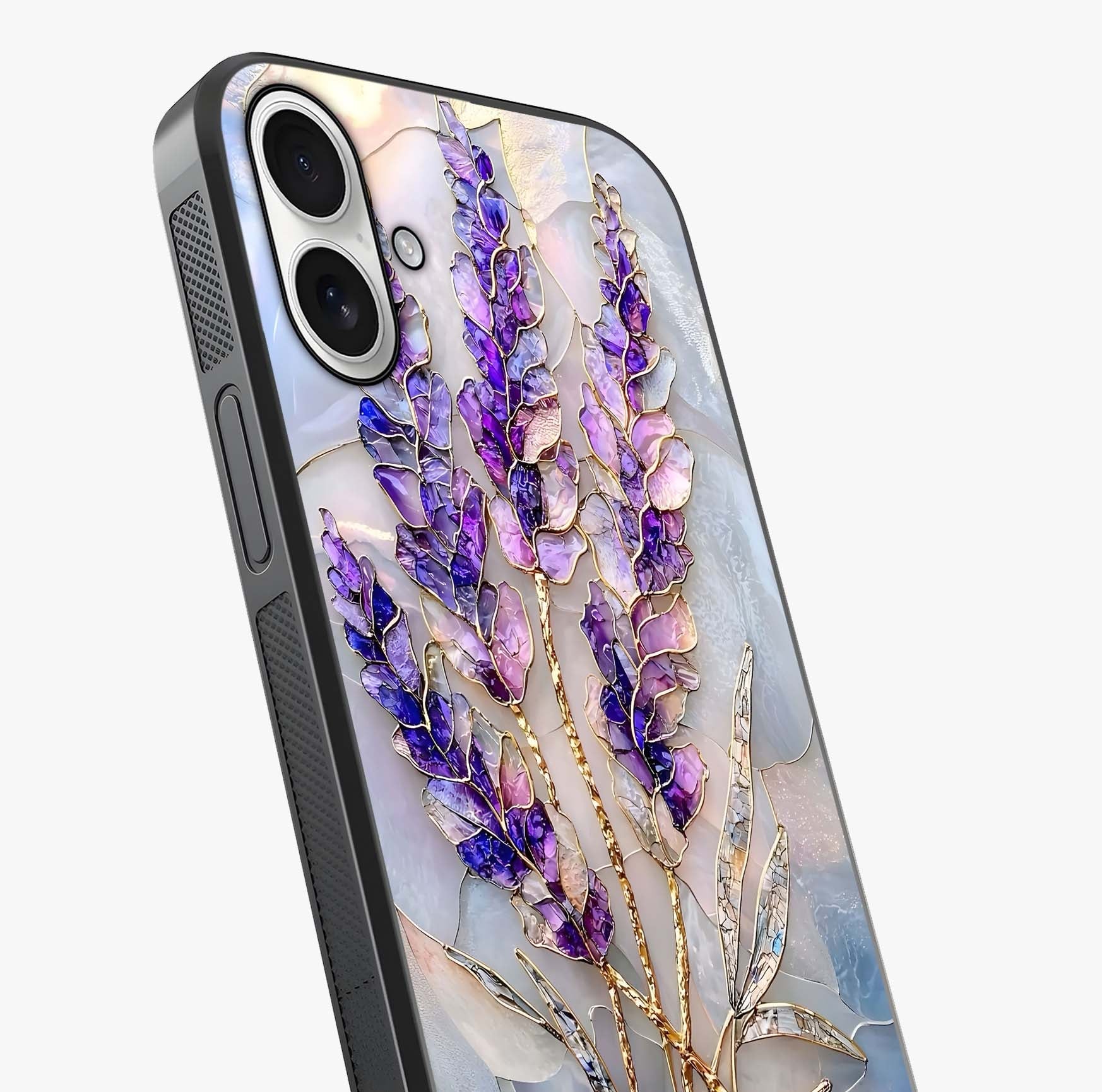 Lavender Dream Glow Glass Case captured at a warm angle highlighting gloss, texture and premium glass finish.