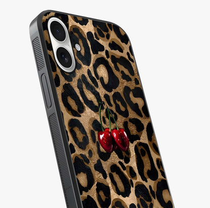 Leopard Wild Cherry Glass Case captured at a warm angle highlighting gloss, texture and premium glass finish.