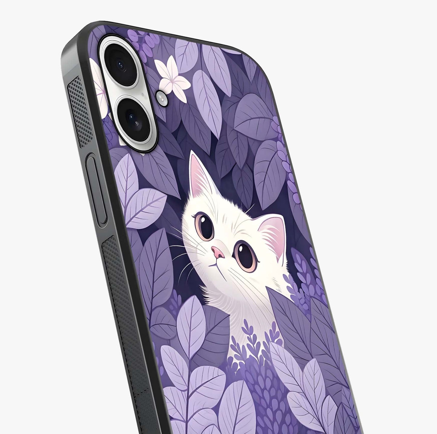 Lilac Hide Peek Cat Glass Case captured at a warm angle highlighting gloss, texture and premium glass finish.