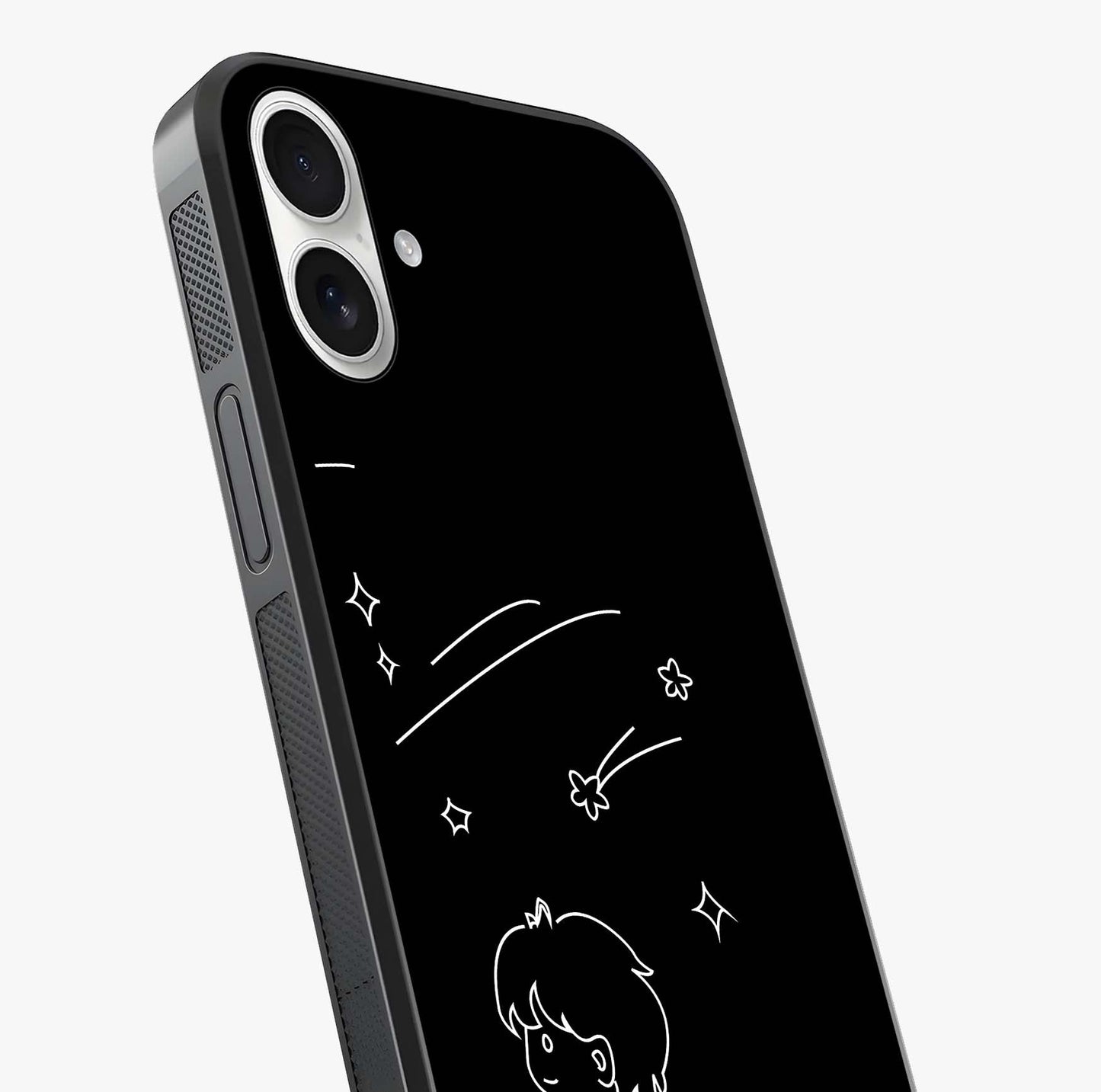 Line Art Boy With Shooting Stars Glass Case captured at a warm angle highlighting gloss, texture and premium glass finish.