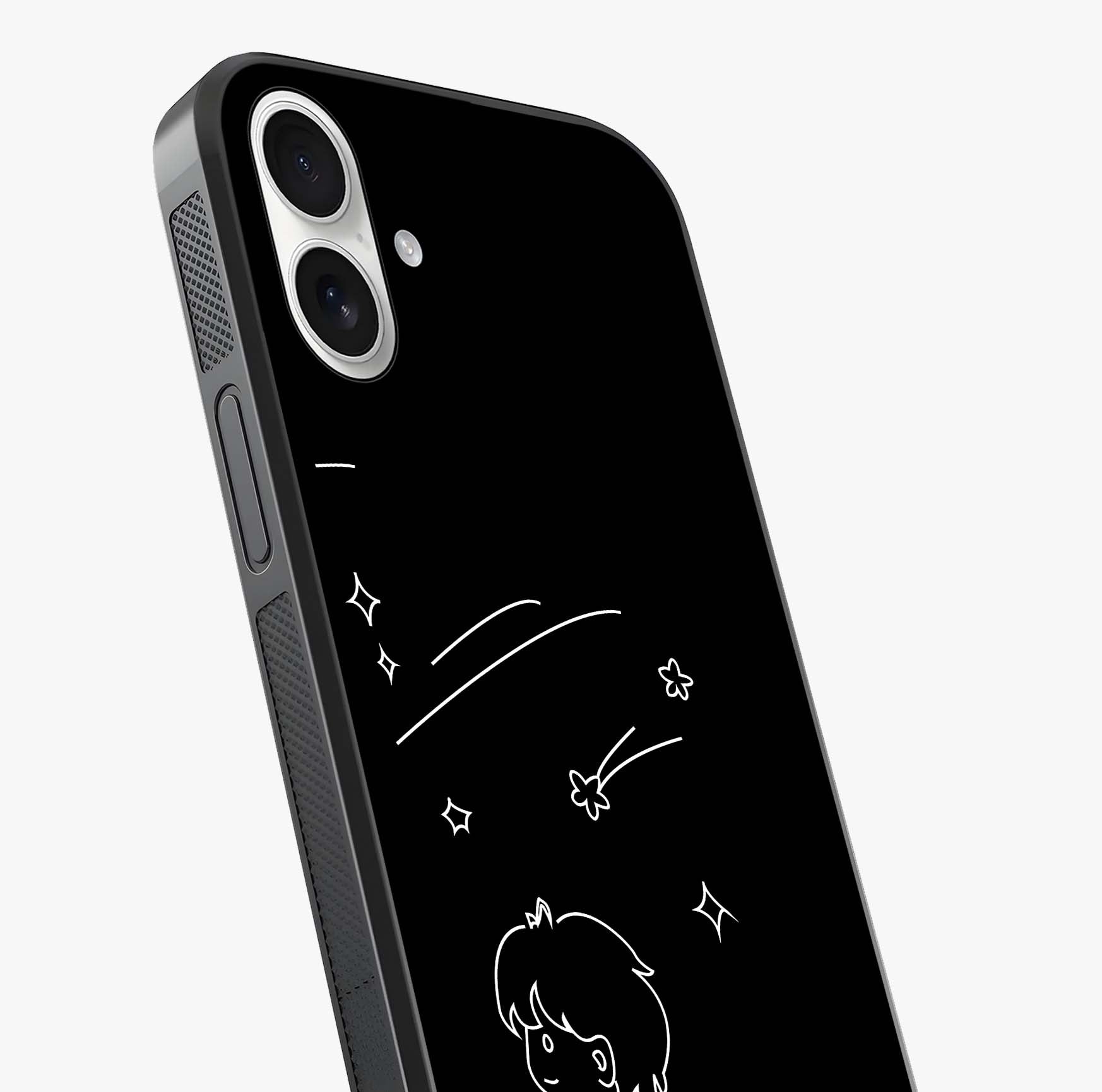 Line Art Boy With Shooting Stars Glass Case captured at a warm angle highlighting gloss, texture and premium glass finish.