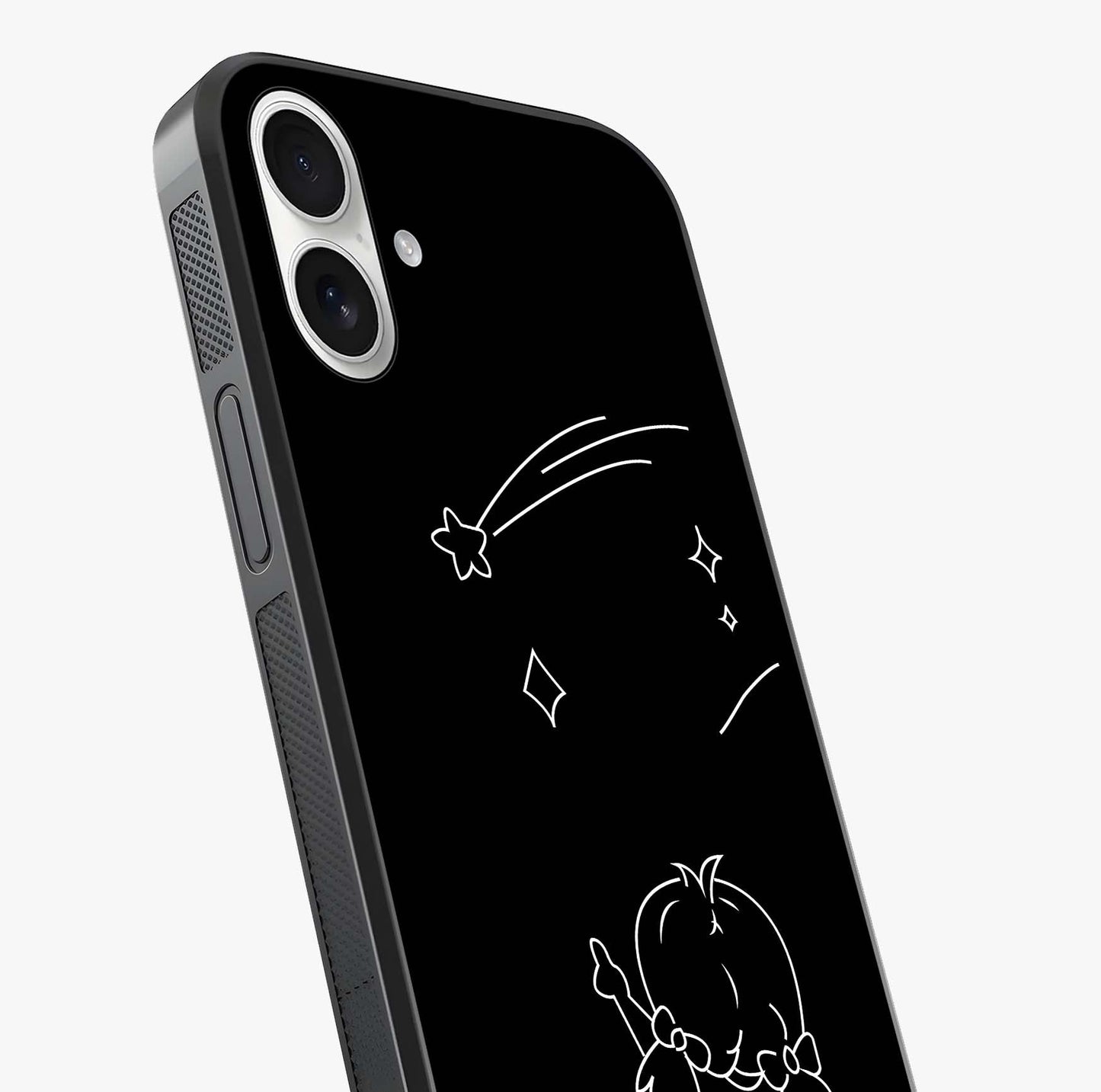 Line Art Girl With Shooting Stars Glass Case captured at a warm angle highlighting gloss, texture and premium glass finish.