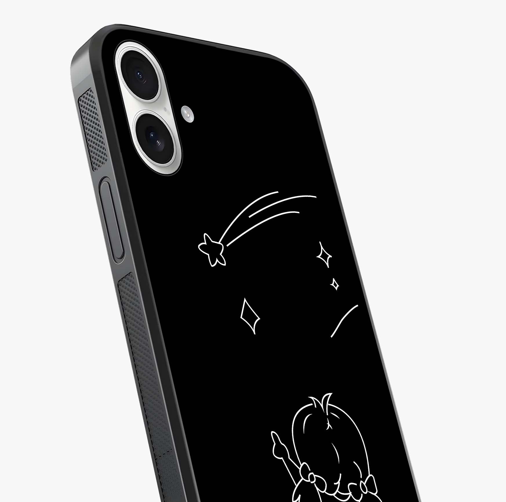 Line Art Girl With Shooting Stars Glass Case captured at a warm angle highlighting gloss, texture and premium glass finish.