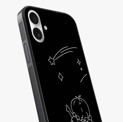 Line Art Girl With Shooting Stars Glass Case captured at a warm angle highlighting gloss, texture and premium glass finish.