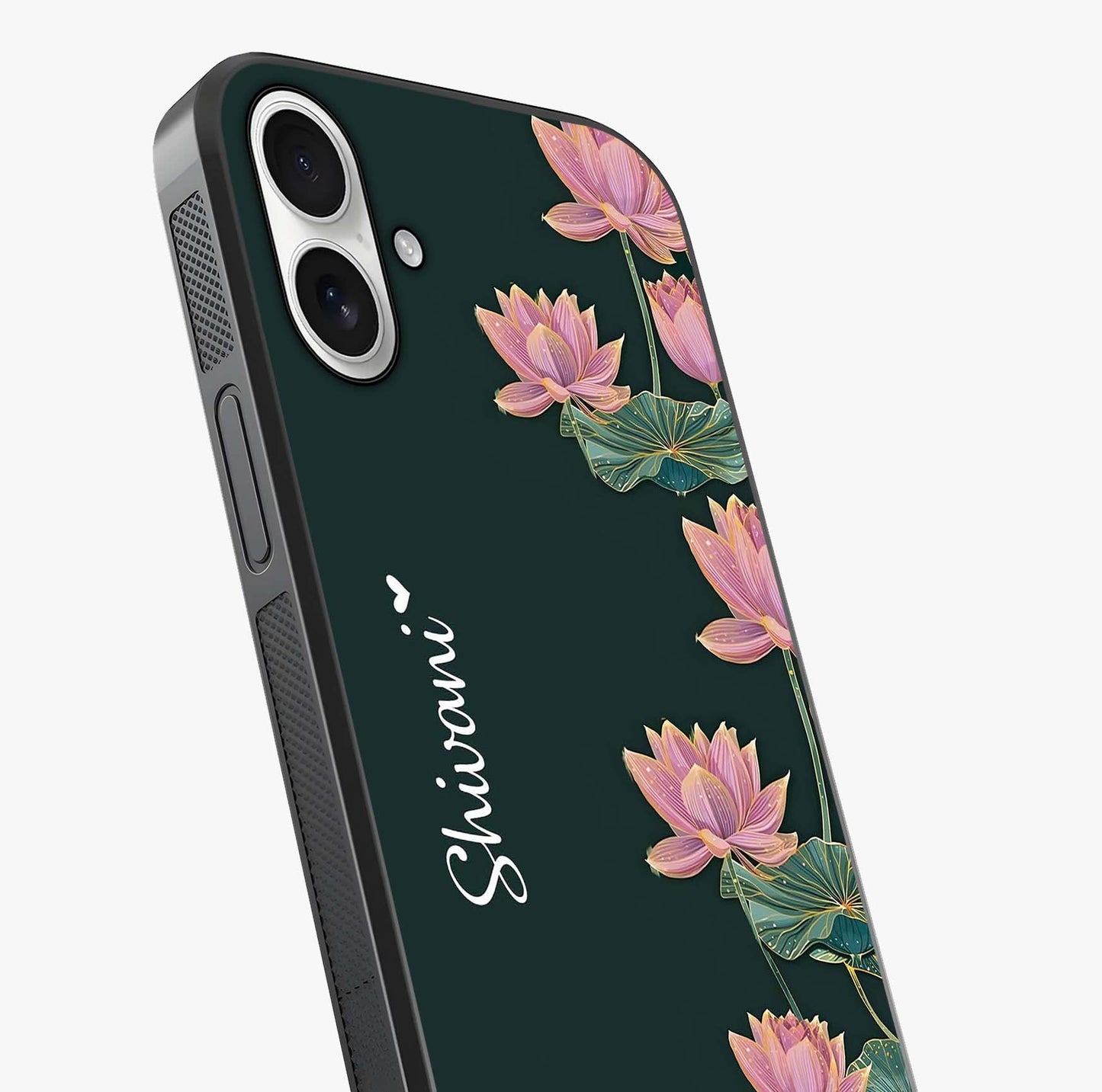 Lotus Bloom Serenity Custom Name Glass Case captured at a warm angle highlighting gloss, texture and premium glass finish.