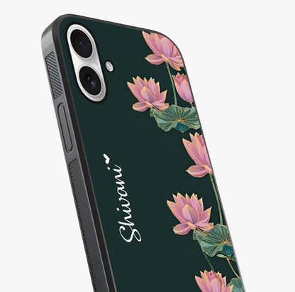 Lotus Bloom Serenity Custom Name Glass Case captured at a warm angle highlighting gloss, texture and premium glass finish.