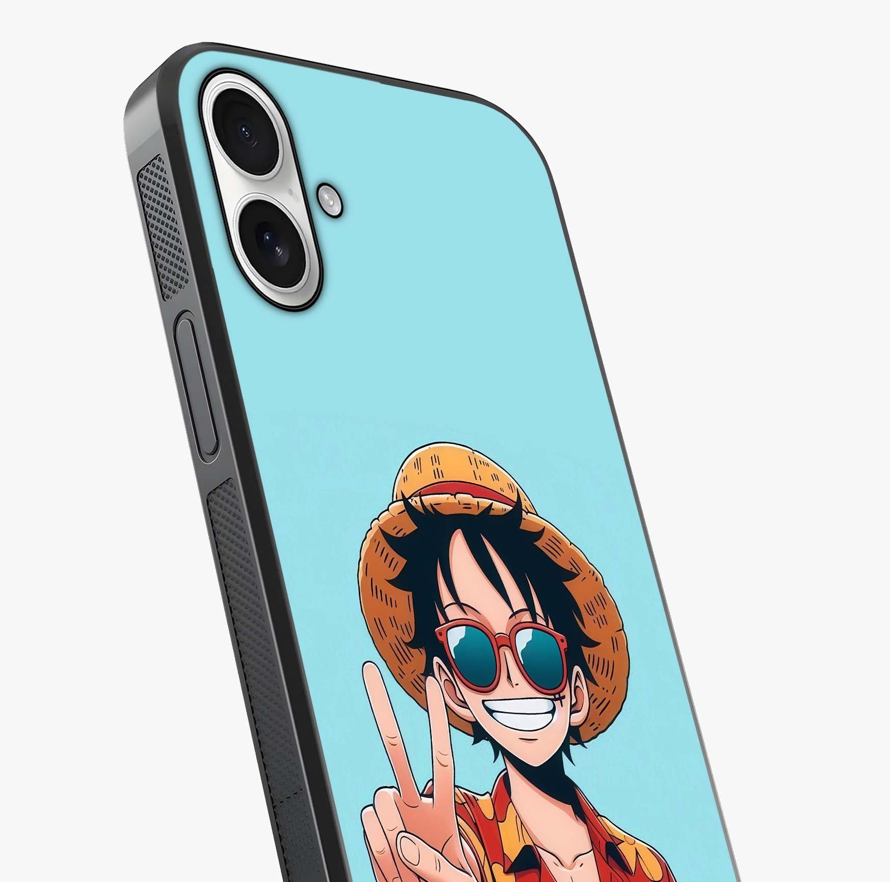Luffy Summer Anime Vibe Glass Case captured at a warm angle highlighting gloss, texture and premium glass finish.