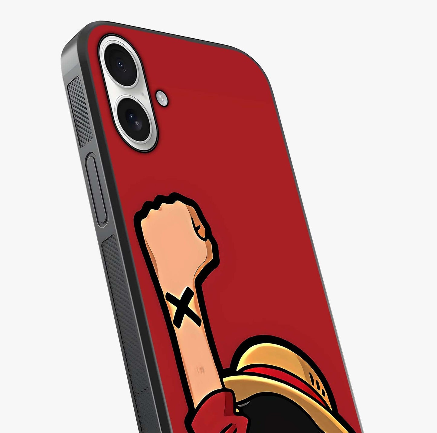 Luffy X Spirit Glass Case captured at a warm angle highlighting gloss, texture and premium glass finish.
