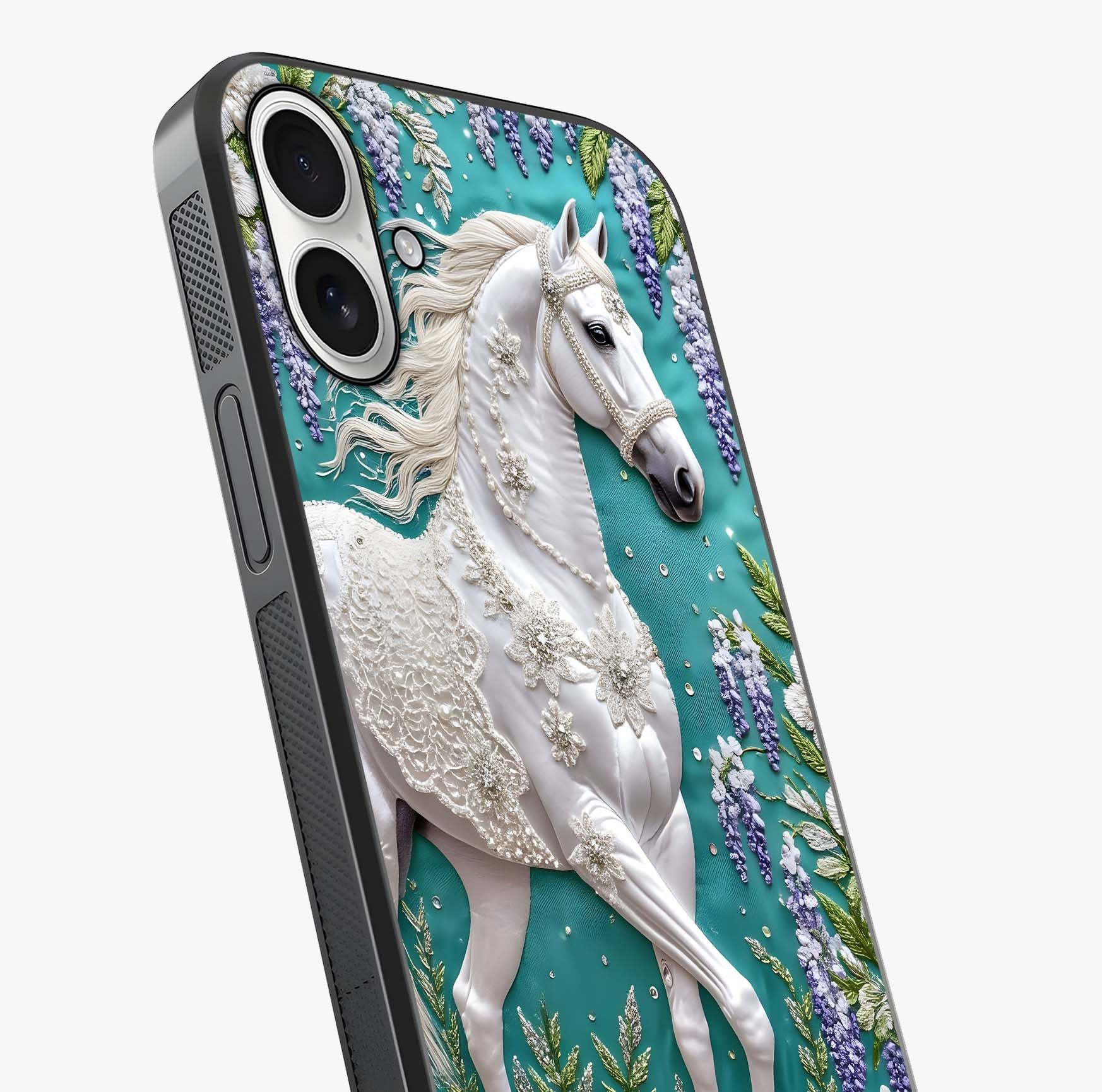 Majestic Floral Stallion Glass Case captured at a warm angle highlighting gloss, texture and premium glass finish.