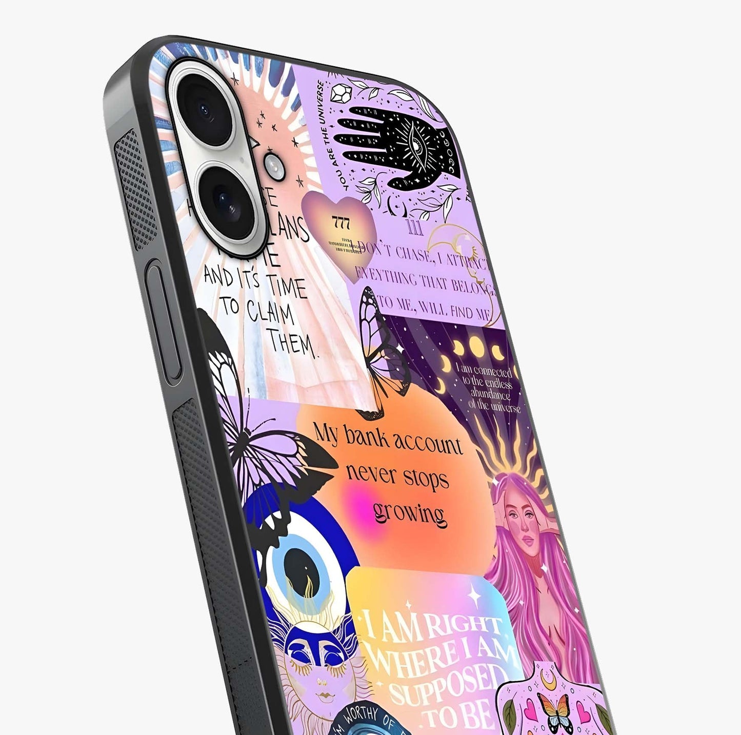 Manifestation Collage Glass Case captured at a warm angle highlighting gloss, texture and premium glass finish.